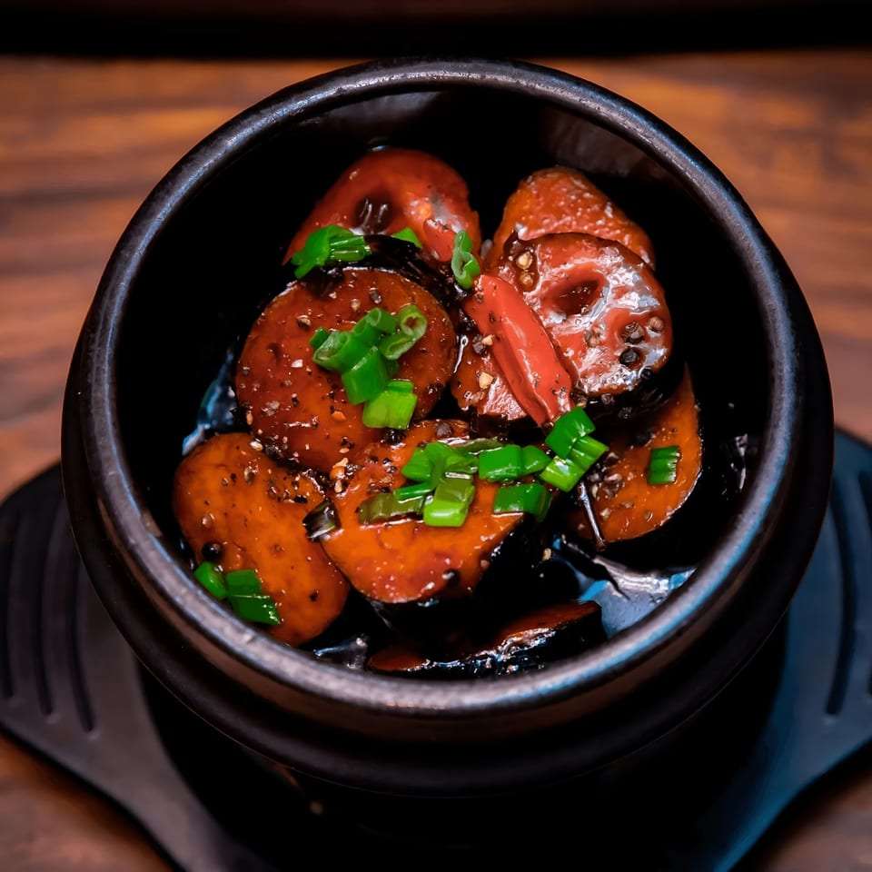 Vietnamese braised lotus root and eggplant in a dark bowl, garnished with green onions and chili.